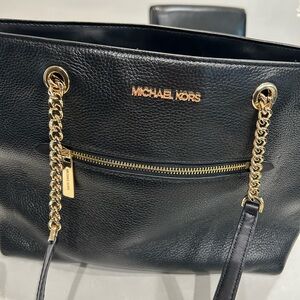 Michael Kors Black Leather Shoulder Bag with Gold Chain